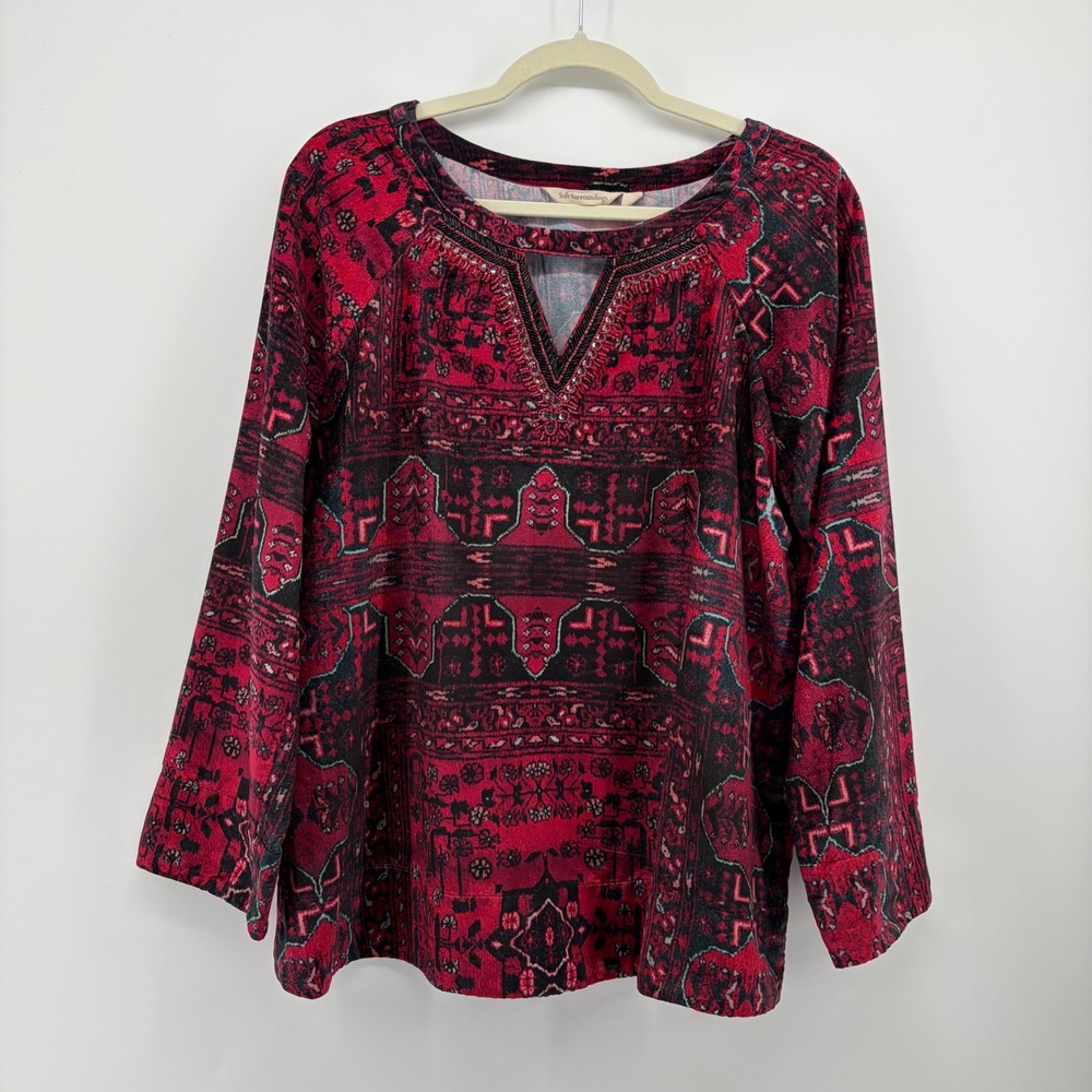 Soft Surroundings Womens Medium Red Velvet Medallion Top Beaded V-Neck 2AT17